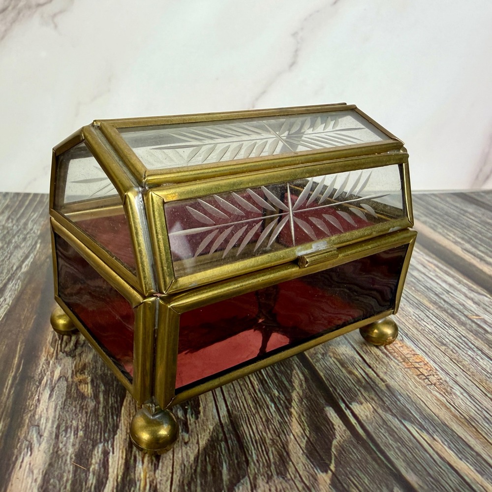 Jewelry Trinket Box Brass Glass Etched Vintage Red Mirrored Treasure Chest